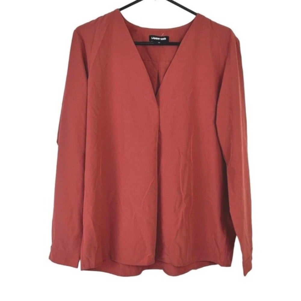 Lands End Top Commuter Shirt V-Neck Poplin Long Sleeve Blouse Small - Picture 2 of 6